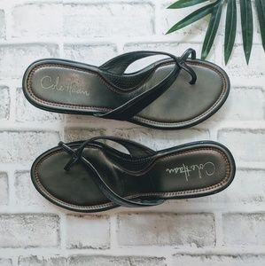 COLE HAAN Black & silver leather wedge flip flops